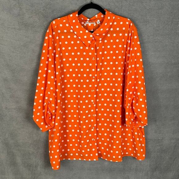 Susan Graver Top Women 3X Orange Polka Dot Button Front 3/4 Length Sleeve Office - Picture 1 of 12